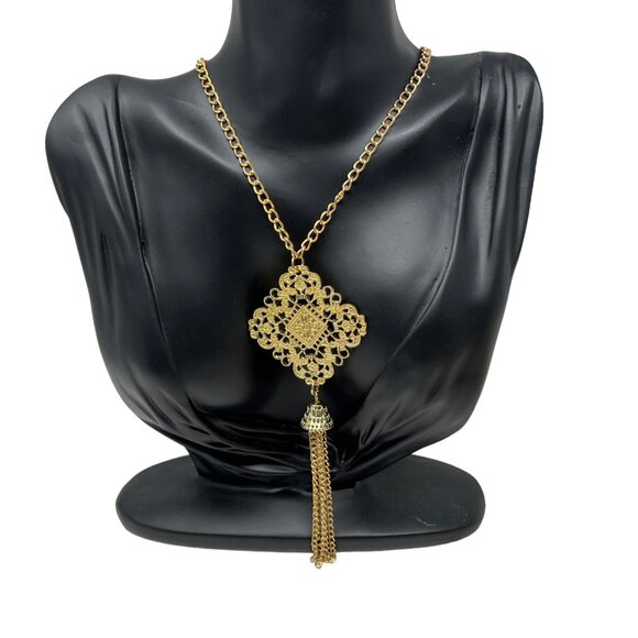 Gold Tone Necklace Long Chain Trangular Pendant with Tassel - Picture 7 of 7